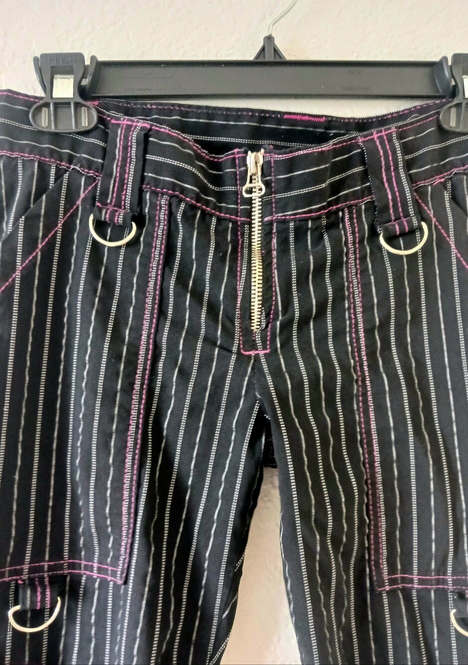 Punk Black Pinstripe Capri Pants with Zippers And Pink Stitching Vintage 90s